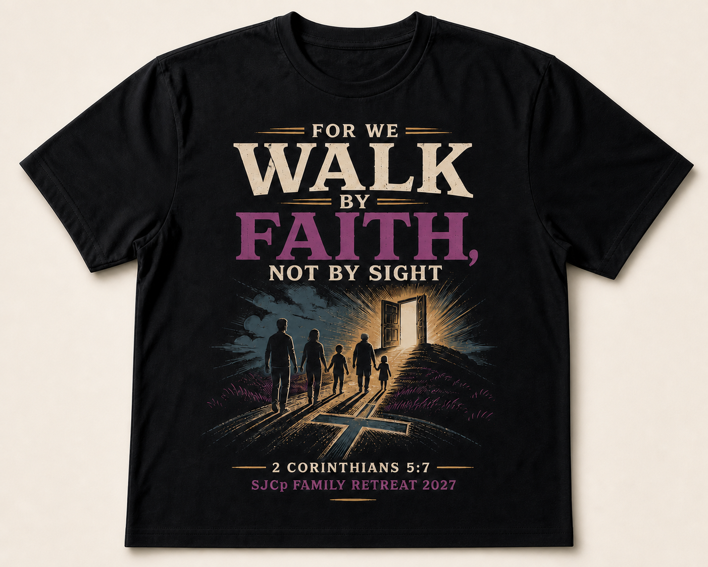 Concept black T-shirt showing a family walking by faith toward an open door on a light studio background